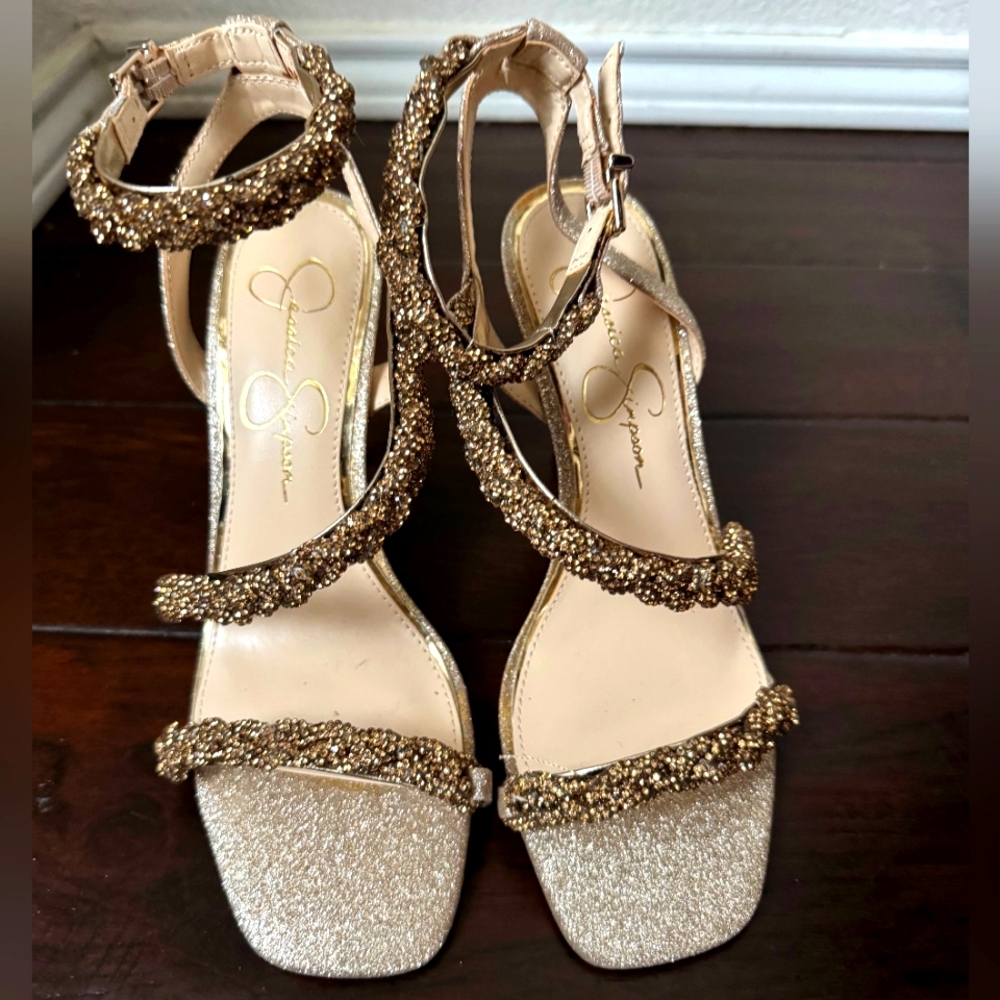 Jessica Simpson Gold Glitter Beaded Strappy Heels
